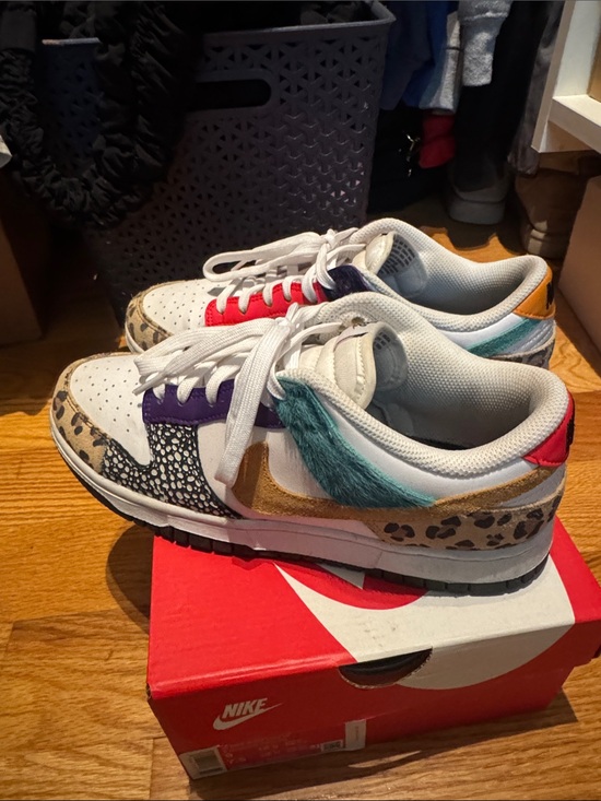 Nike Shoes - Nike White Multi-Accent Low Top Sneakers with Teal Fur and Gold Swoosh